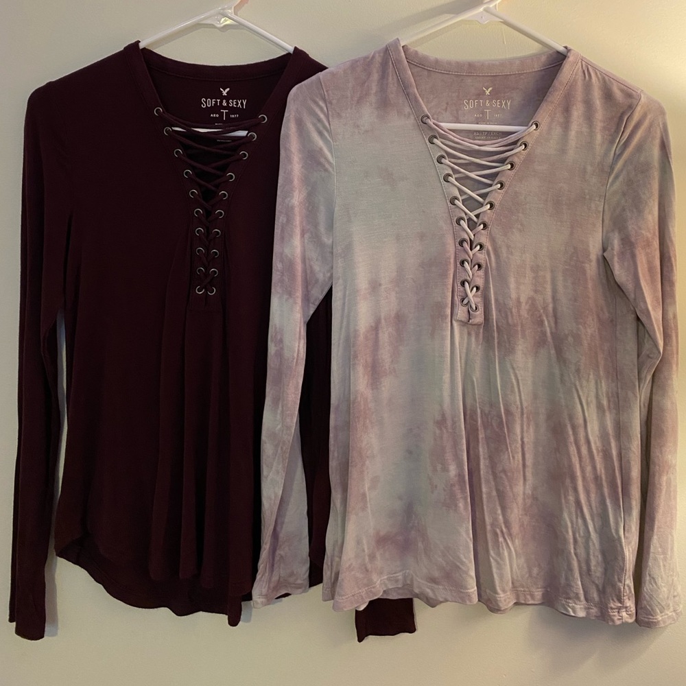 (2) XS American eagle long sleeve shoelace neck